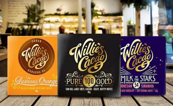 Willie's Cacao Luscious Orange, Pure 100% Gold and Milk of the Stars chocolate range, sold at Waitrose, Sainsburys and Ocado.