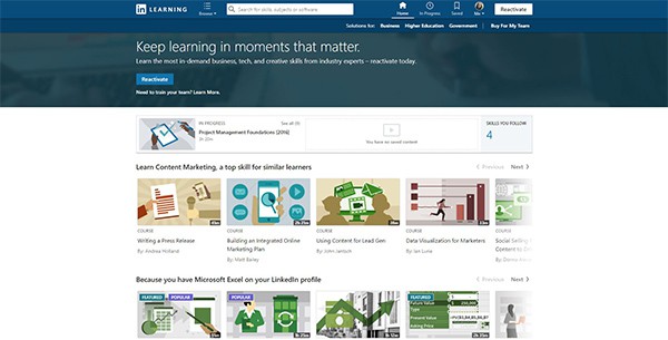 LinkedIn Learning - online homepage displaying various courses to choose from