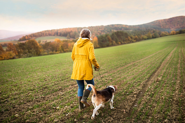 Exercise freelancer walking her dog