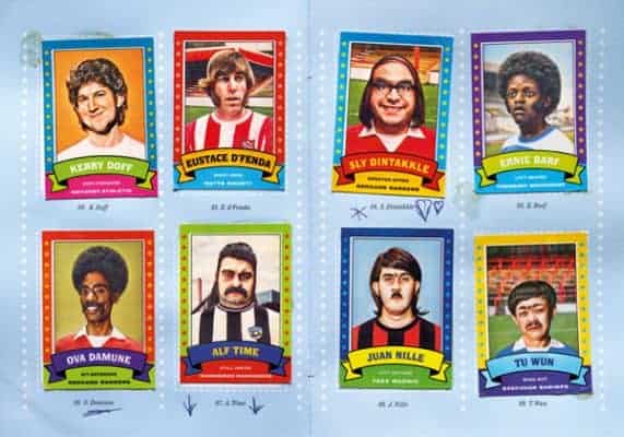 A series of eight football cards designed by Kate Henderson