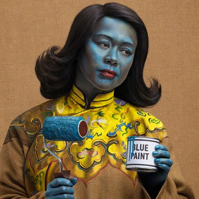 Graphic Designer Kate Henderson recreating the famous "Chinese Girl" / "Blue Lady" in a shoot directed by Mark Denton