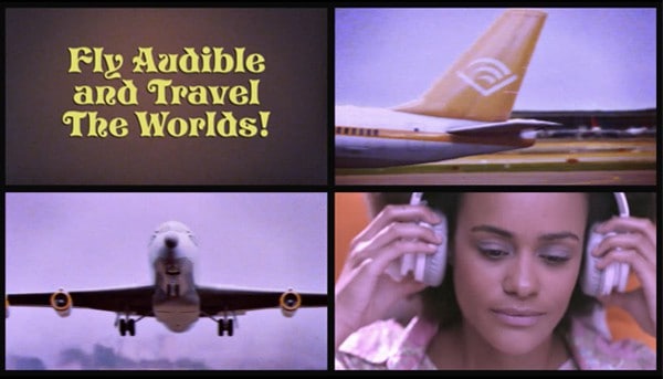 'Fly Audible and Travel the Worlds' advert with woman listening to Audible on the plane