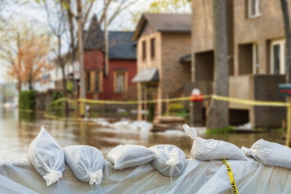 Flood protection sandbags with flooded homes in the background.