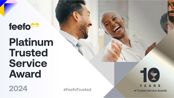 Feefo Platinum Service Award text and an image of two people smiling.